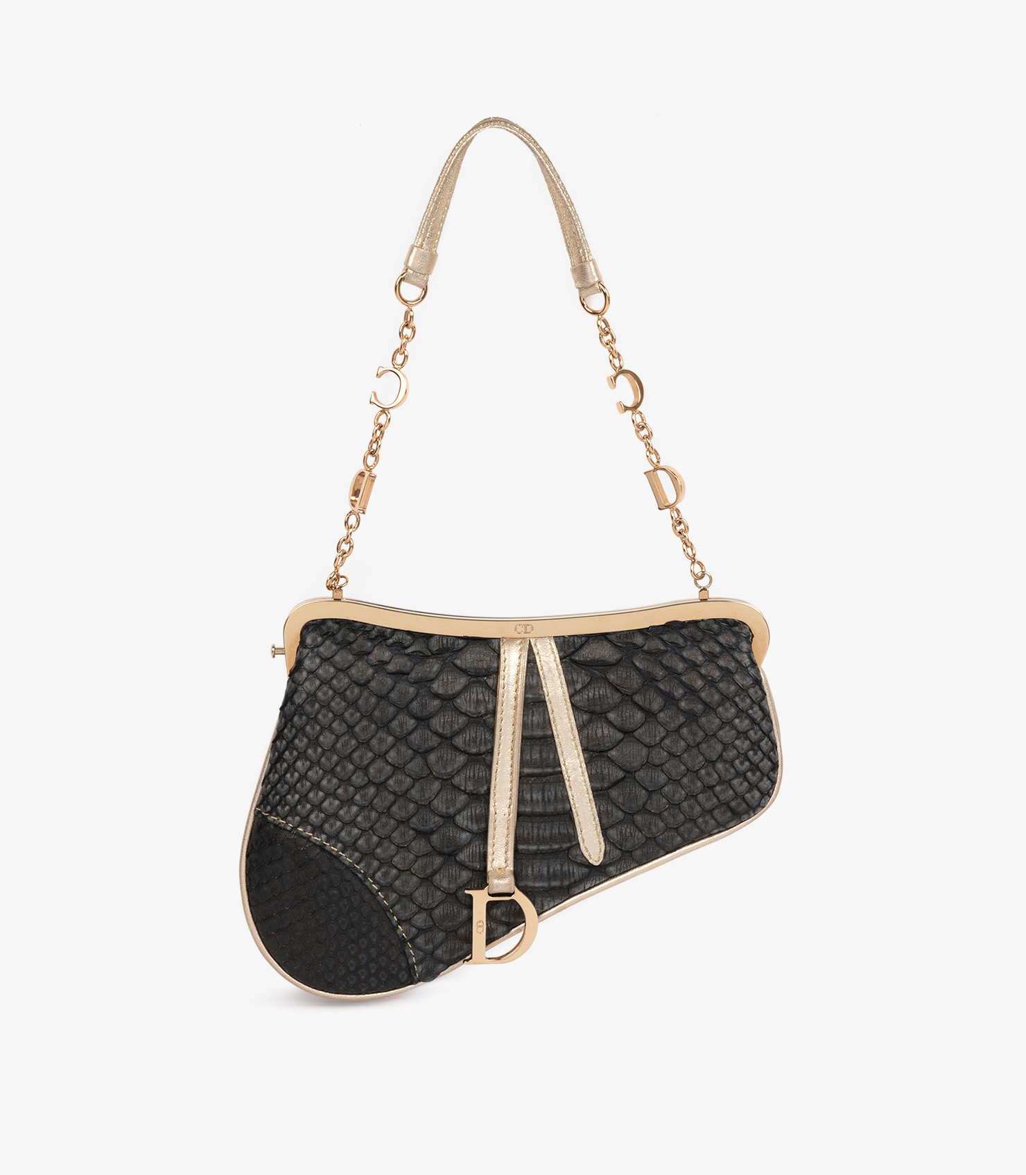 Metallic Black Snakeskin & Gold Calfskin Leather Vintage Mini Saddle Bag