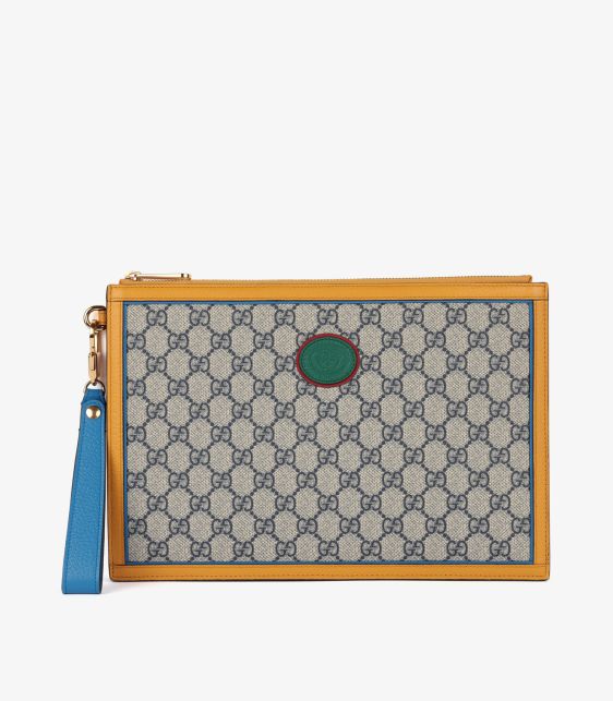Blue GG Supreme Canvas & Multicolour Pigskin Leather Wristlet Pouch