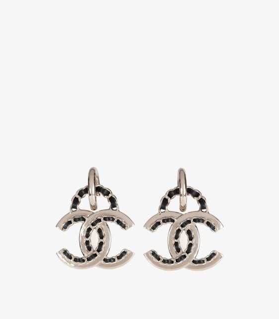 Black Woven Leather & Champagne Gold-Tone Chain CC Drop Earrings