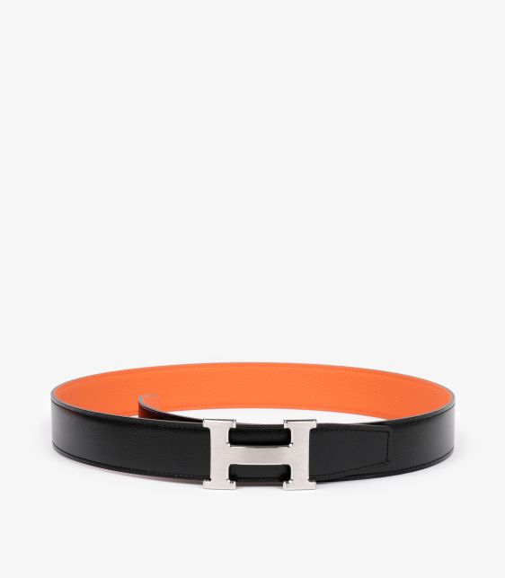 Black Box Calf Leather & Orange H Togo Leather Constance Reversible 32mm Belt