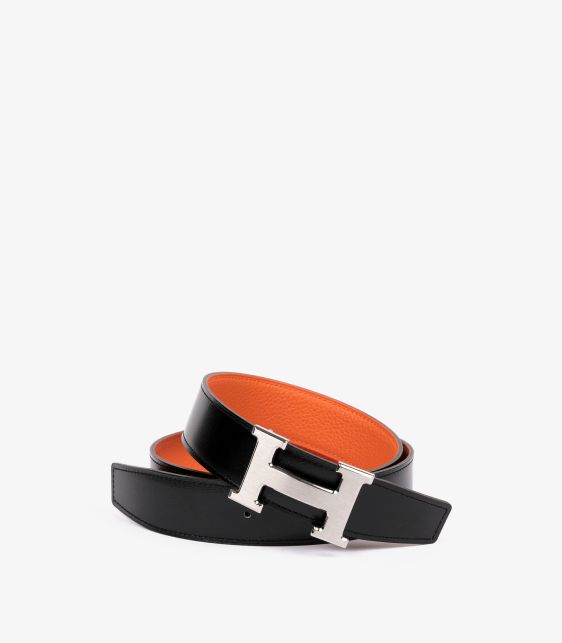 Black Box Calf Leather & Orange H Togo Leather Constance Reversible 32mm Belt