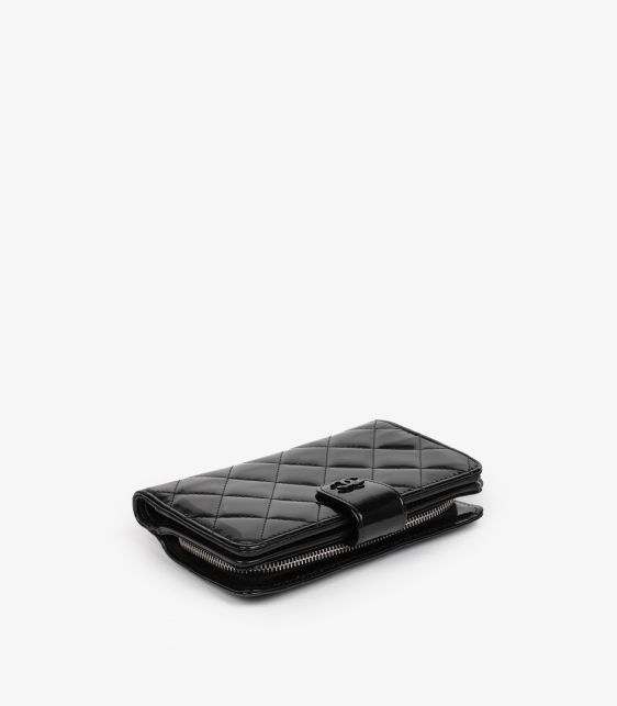 Black Quilted Patent Leather Zip Pocket Wallet