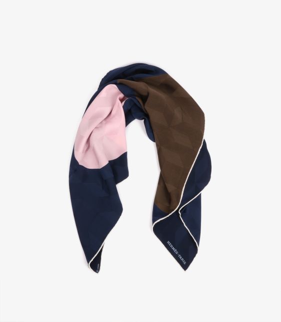 Navy, Chocolate & Pink Silk Façonné Graphique 70 Scarf