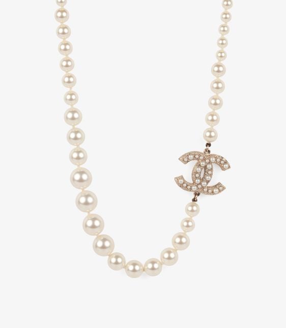 Champagne Gold Tone & Faux Pearl 100th Anniversary CC Necklace