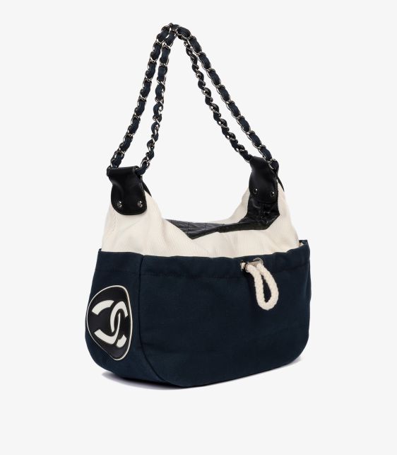 Navy, Beige Canvas & Black Quilted Lambskin Cruise Timeless Hobo Bag