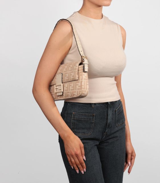 Beige Wool & Cream Calfskin Leather Baguette Shoulder Bag