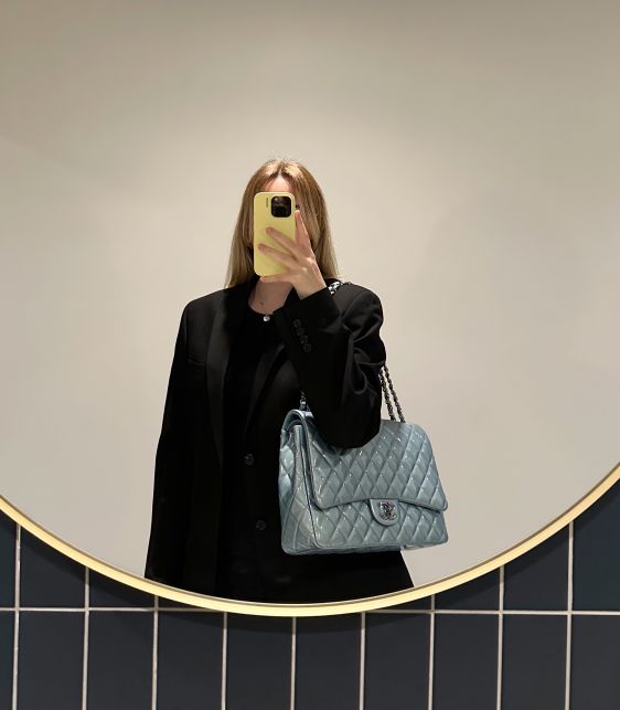 Light Blue Quilted Patent Leather Maxi Classic Double Flap Bag