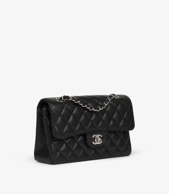 Black Quilted Caviar Leather Small Classic Double Flap Bag