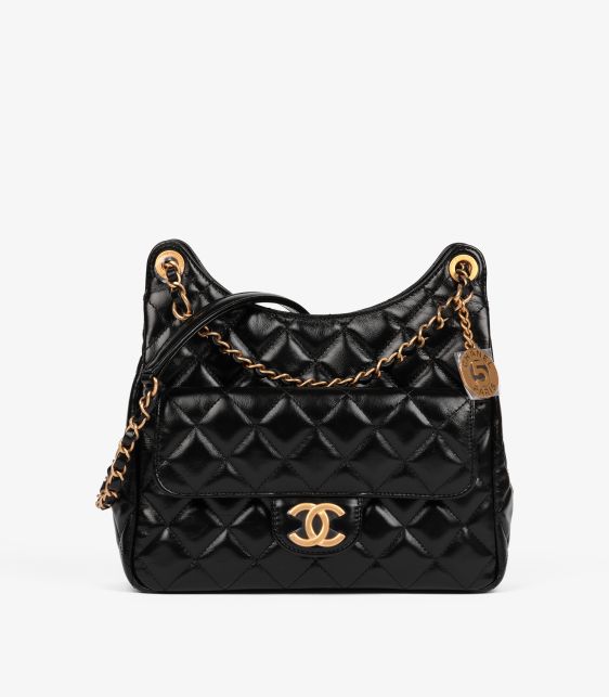 Black Quilted Shiny Aged Calfskin Leather Medium Hobo Bag