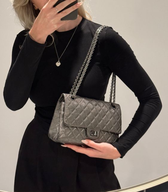 Dark Silver Metallic Quilted Aged Calfskin Leather Reissue 225 2.55 Double Flap Bag