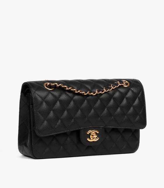 Black Quilted Caviar Leather Medium Classic Double Flap Bag