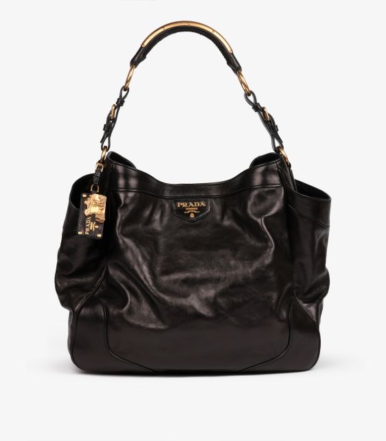 Black Vitello Daino Calfskin Leather Large Hobo Bag