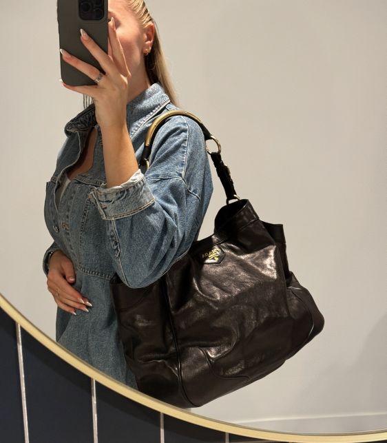Black Vitello Daino Calfskin Leather Large Hobo Bag