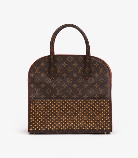 x Christian Louboutin Studded Monogram Coated Canvas & Red Ponyskin Iconoclast Tote