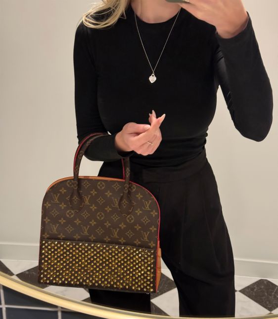 x Christian Louboutin Studded Monogram Coated Canvas & Red Ponyskin Iconoclast Tote