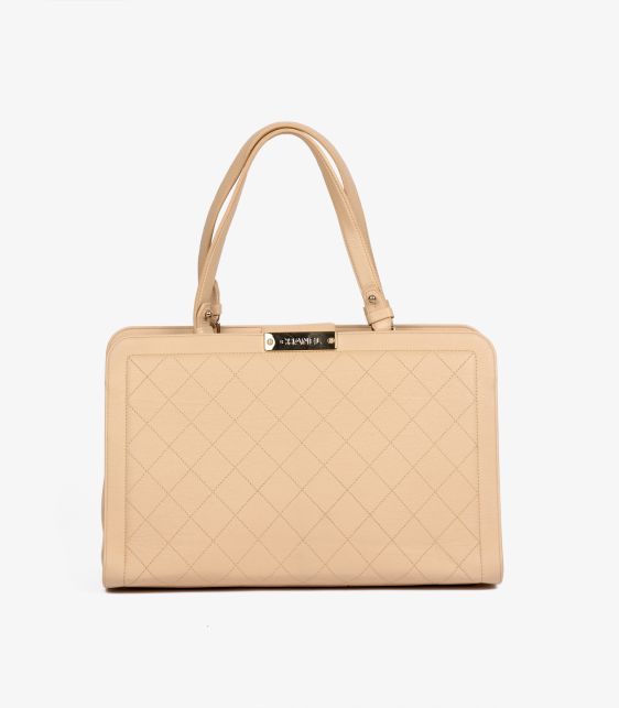 Beige Quilted Grained Calfskin Leather Large Label Click Tote