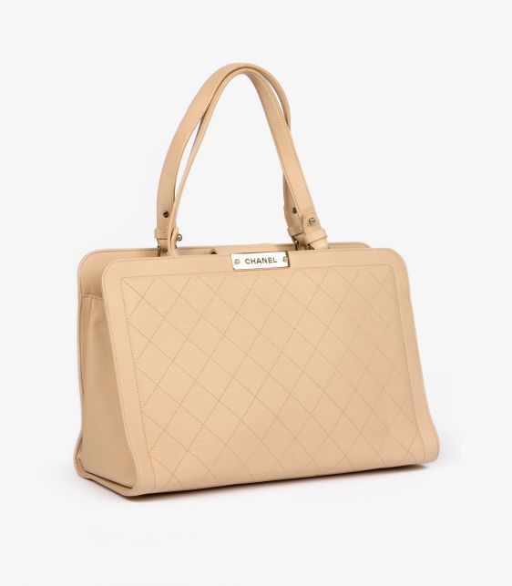 Beige Quilted Grained Calfskin Leather Large Label Click Tote