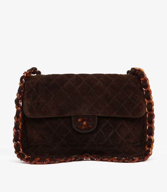 Brown Quilted Suede Tortoiseshell Effect Vintage Jumbo Classic Single Flap Bag