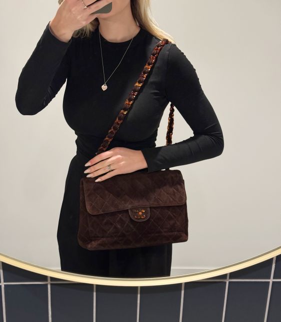 Brown Quilted Suede Tortoiseshell Effect Vintage Jumbo Classic Single Flap Bag