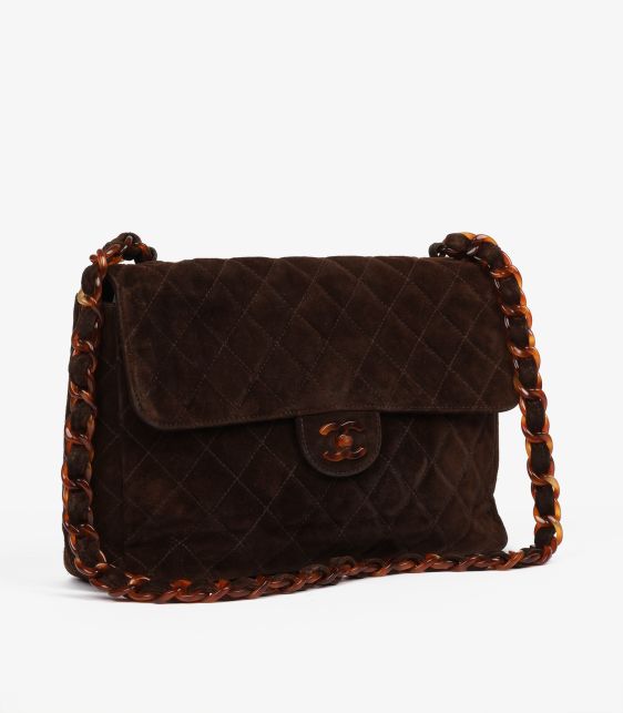 Brown Quilted Suede Tortoiseshell Effect Vintage Jumbo Classic Single Flap Bag