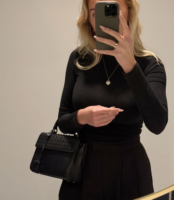 Black Studded Calfskin Leather SO Black Moujik Top Handle Bag