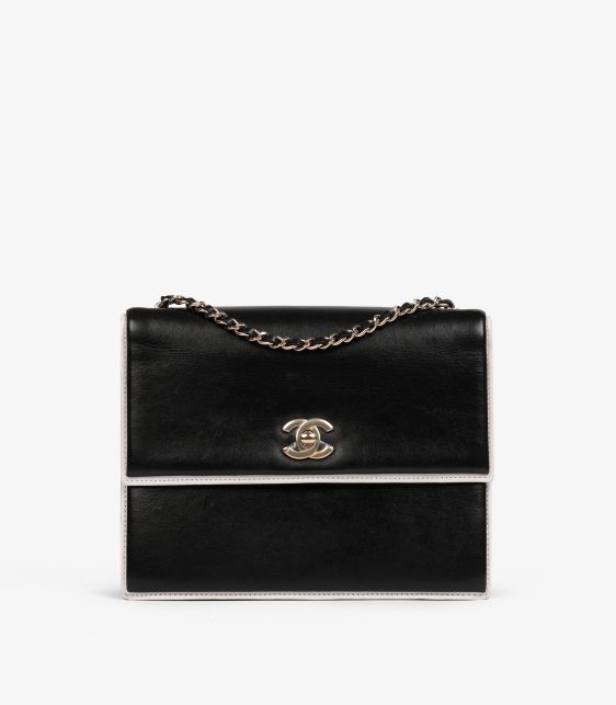 Black & White Calfskin Leather Square Frame Single Flap Bag