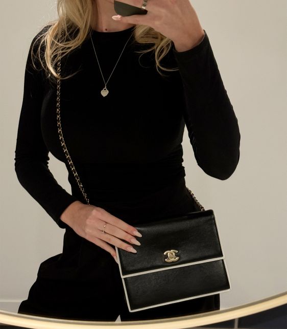 Black & White Calfskin Leather Square Frame Single Flap Bag