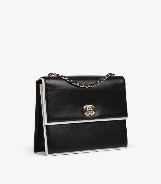 Black & White Calfskin Leather Square Frame Single Flap Bag