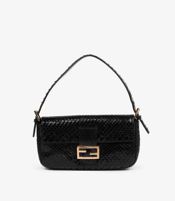 Black Snakeskin Leather Vintage Baguette Bag