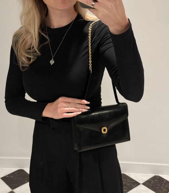 Black Lizard Leather Vintage Shoulder Bag