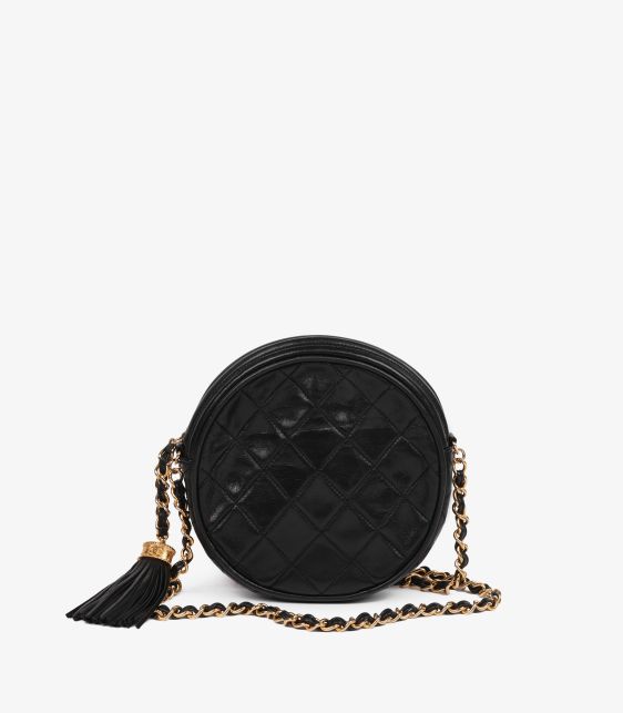 Black Quilted Lambskin Leather Vintage Mini Round Timeless Fringe Shoulder Bag