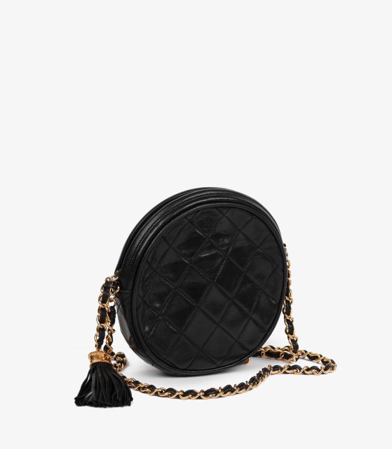 Black Quilted Lambskin Leather Vintage Mini Round Timeless Fringe Shoulder Bag