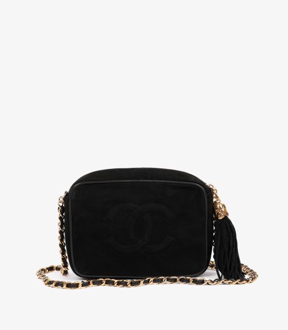 Black Quilted Suede & Lambskin Leather Vintage Mini Timeless Fringe Camera Bag