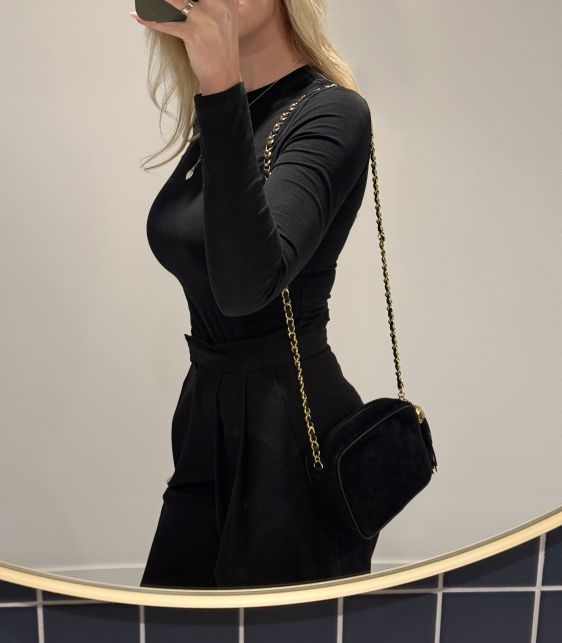 Black Quilted Suede & Lambskin Leather Vintage Mini Timeless Fringe Camera Bag
