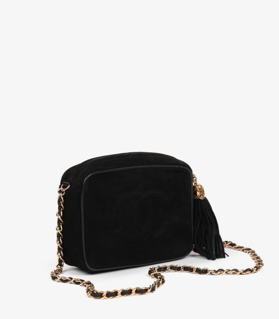 Black Quilted Suede & Lambskin Leather Vintage Mini Timeless Fringe Camera Bag