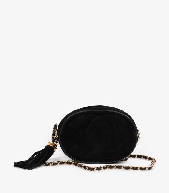 Black Quilted Suede & Lambskin Leather Vintage Mini Oval Timeless Fringe Shoulder Bag