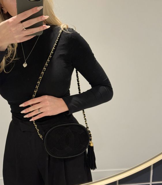 Black Quilted Suede & Lambskin Leather Vintage Mini Oval Timeless Fringe Shoulder Bag