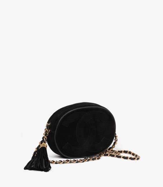 Black Quilted Suede & Lambskin Leather Vintage Mini Oval Timeless Fringe Shoulder Bag