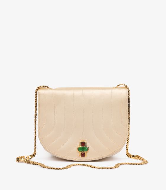 Beige Quilted Satin Vintage Bijoux Half Moon Mini Flap Bag