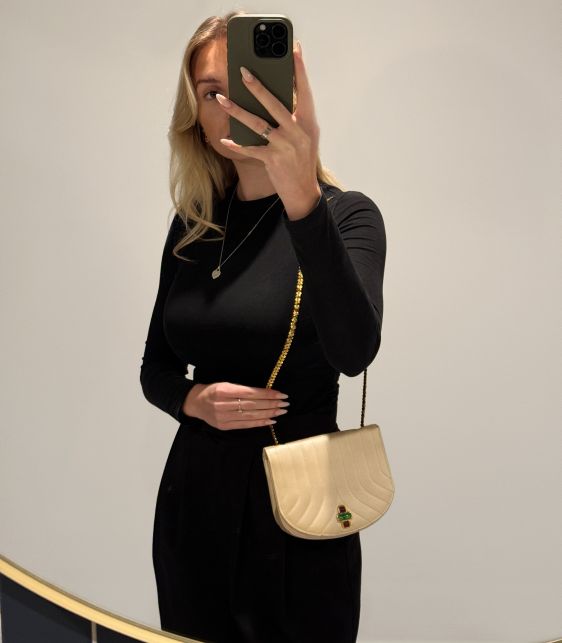 Beige Quilted Satin Vintage Bijoux Half Moon Mini Flap Bag