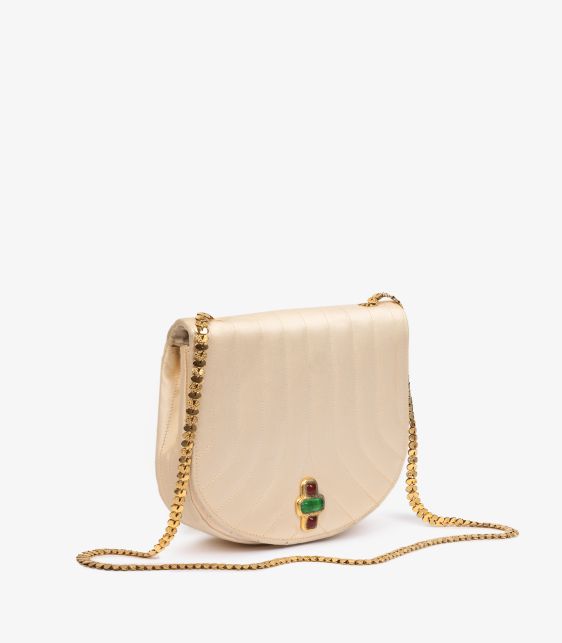 Beige Quilted Satin Vintage Bijoux Half Moon Mini Flap Bag