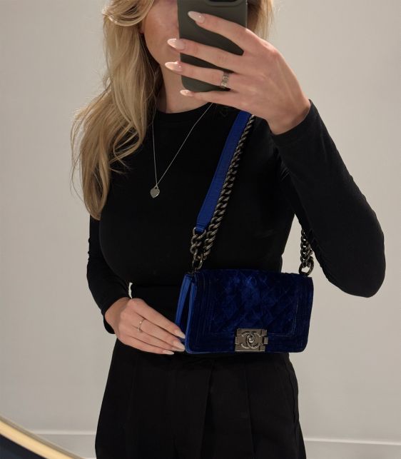Blue Quilted Velvet & Lambskin Leather Small Le Boy