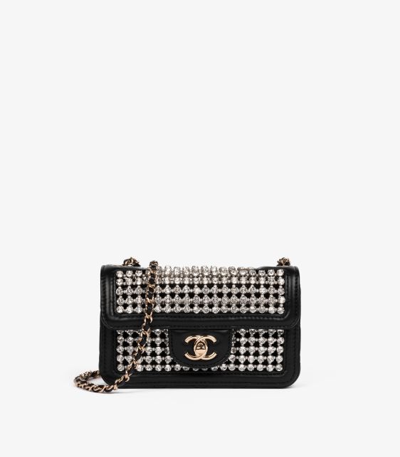 Black Quilted Lambskin Leather, Crystal & Pearl Rectangular Mini Flap Bag with Pouch