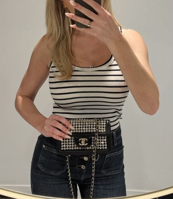 Black Quilted Lambskin Leather, Crystal & Pearl Rectangular Mini Flap Bag with Pouch