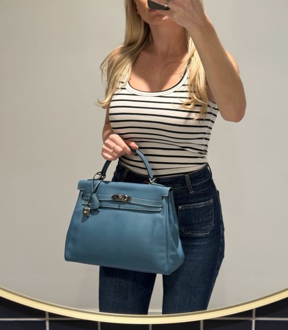 Blue Jean Swift Leather Vintage Kelly 32cm Retourne