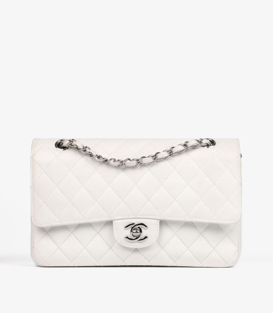 White Quilted Caviar Leather Medium Classic Double Flap Bag