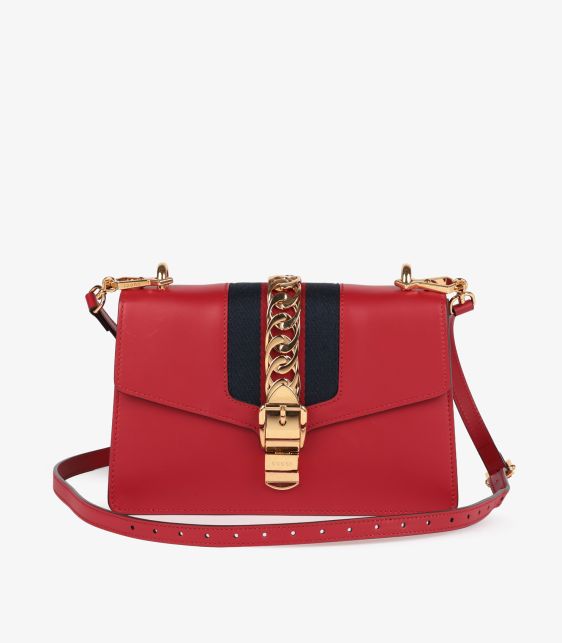 Red Smooth Calfskin Leather Navy Web Medium Sylvie Shoulder Bag