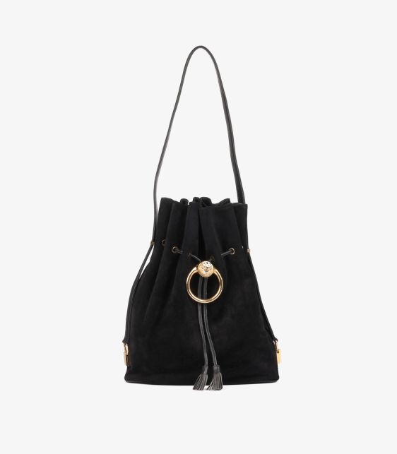 Black Suede & Leather Embellished Leopard Vintage Bucket Bag