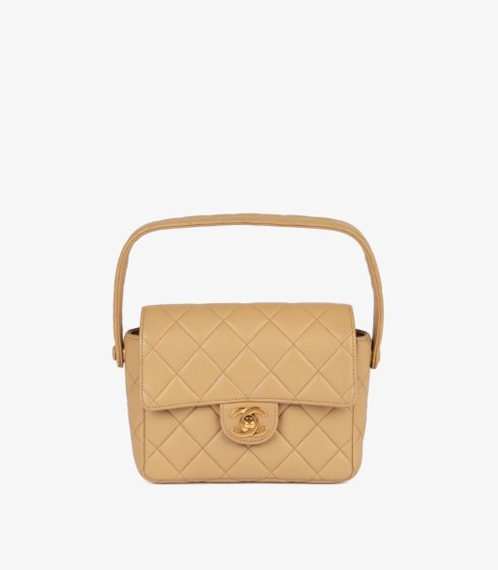 Beige Quilted Lambskin Leather Vintage Square Mini Top Handle Flap Bag