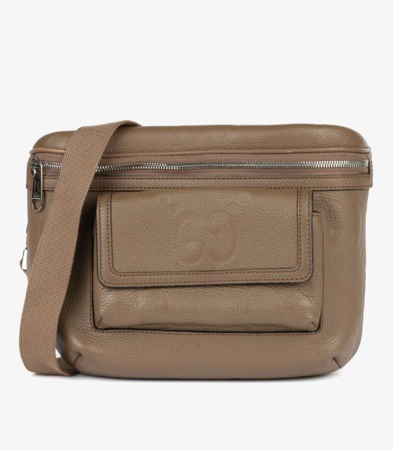 Taupe Jumbo GG Embossed Grained Calfskin Leather Belt Sling Bag